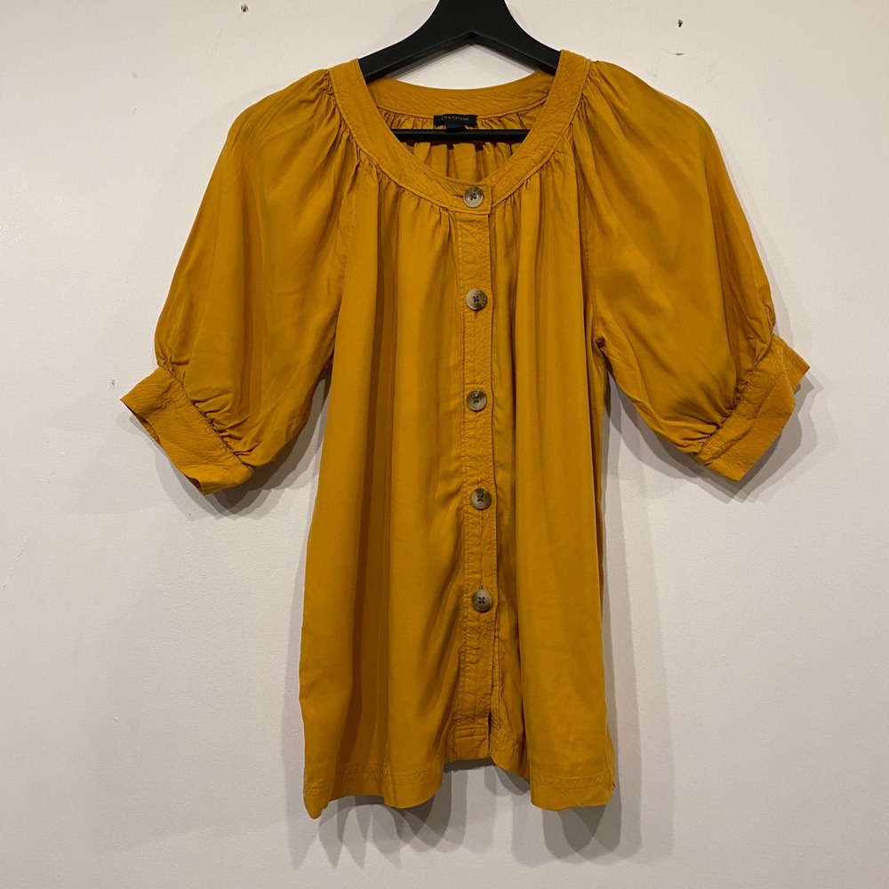 Ann Taylor Mustard Yellow Puff Sleeve Button Front Boho Cottage Blouse Top XS